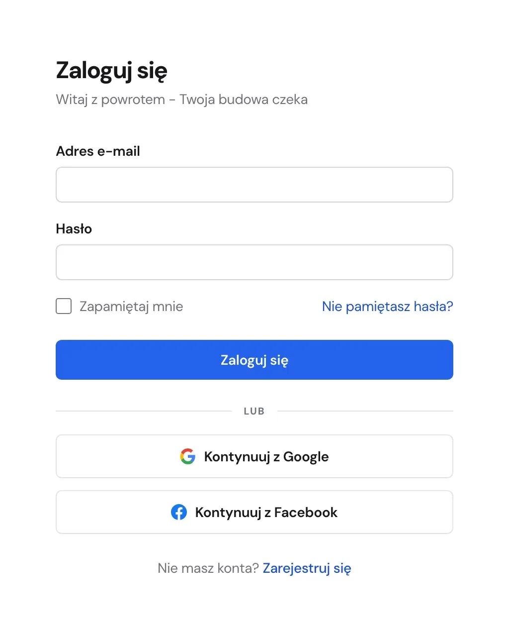 Strona logowania w Yardbase z przyciskami Kontynuuj z Google i Kontynuuj z Facebook