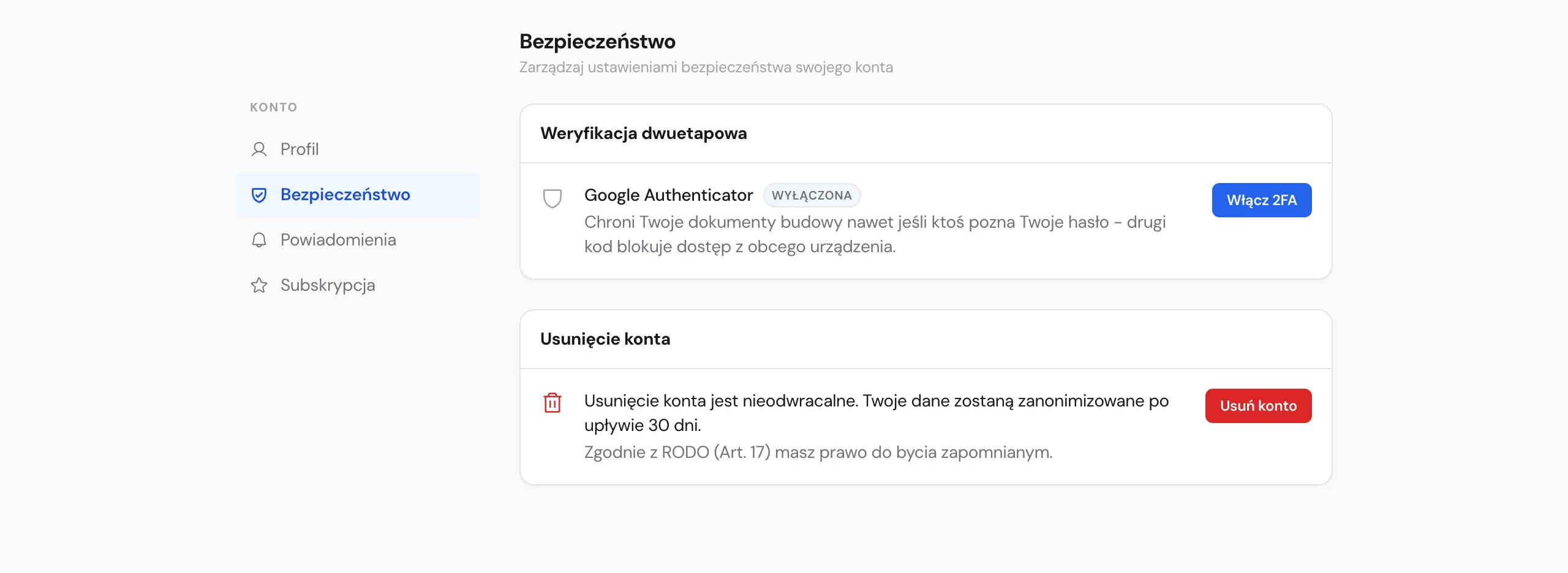 Panel ustawień bezpieczeństwa i weryfikacji dwuetapowej