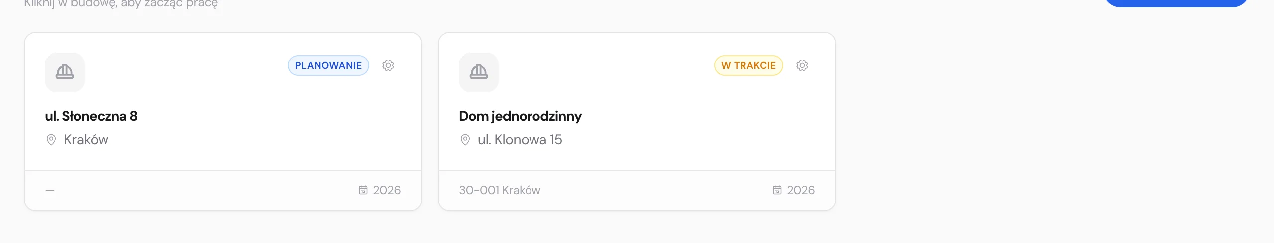 Lista budów - widok ekranu głównego